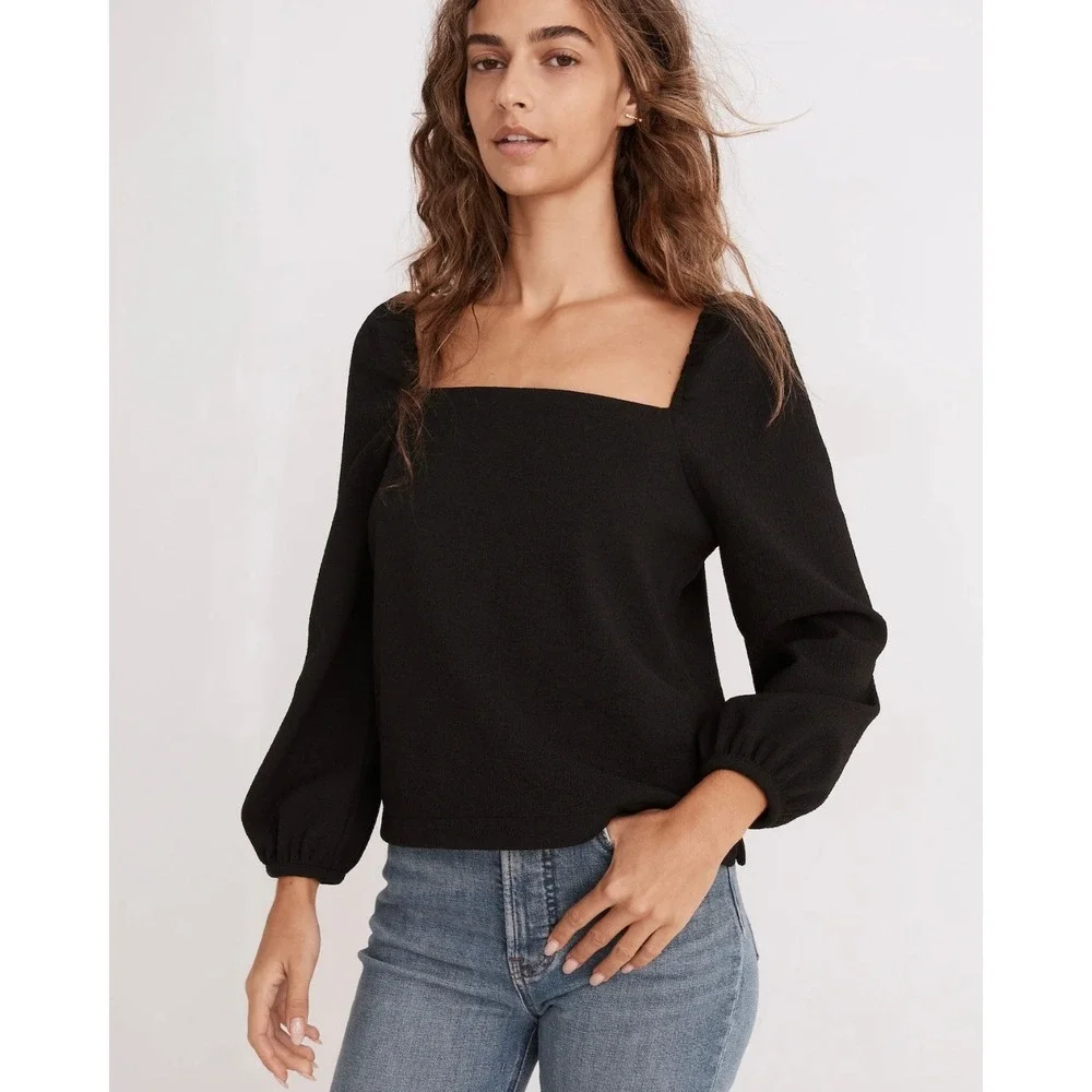Madewell Crepe Square-Neck Puff-Sleeve Top Black Long Sleeve Romantic Womens‎ XS